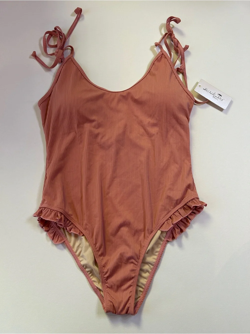 BeachJoy Ribbed One Piece Swimsuit Pink Ruffle Tie Strap Women’s Size L NWT